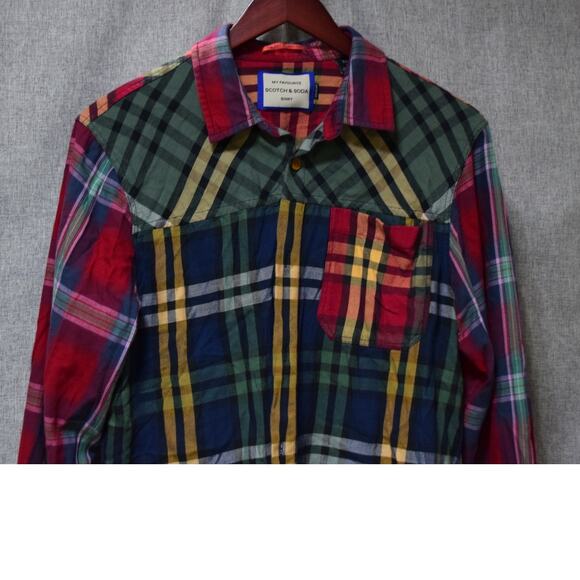 Scotch & Soda Multicolor Patchwork Plaid Button-Up Shirt Men’s Size Large - Picture 2 of 4